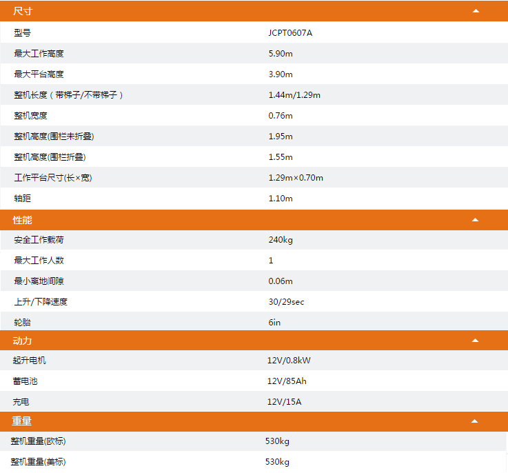 移動剪叉式高空作業(yè)平臺JCPT0607A技術參數(shù)